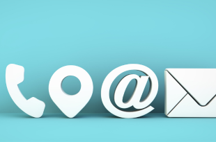 White icons of a telephone receiver, location indicator, "at" sign, and envelope sit on an aqua blue background.