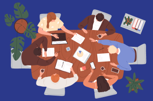 An illustration of a group of individuals working around a table, portrayed from above.