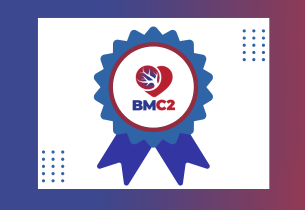 A blue ribbon with the BMC2 "heart" with vasculature and "BMC2" underneath on the rosette is on a white background. Rows of blue dots flank each side and a blue to red gradient border fills the edges.