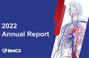 The words "2022 Annual Report" and the BMC2 logo are in white on a bright blue background. A red and blue illustration of the cardiovascular system is on the right and highlighted in red.