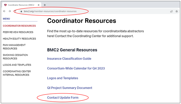 A screen shot of the BMC2 website's "Coordinator Resources" page with the link the to contact update form circled in red.
